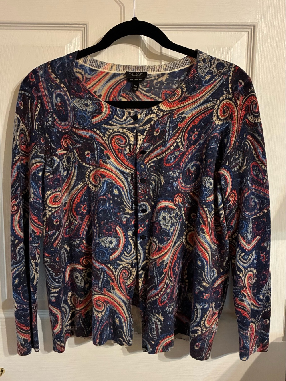 Talbots Navy Paisley Button-Up Cardigan with Red & Cream Accents